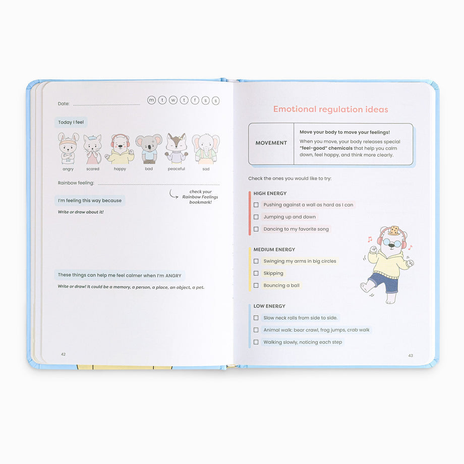 An open Koomi & Friends Journal showing an emotional regulation activity