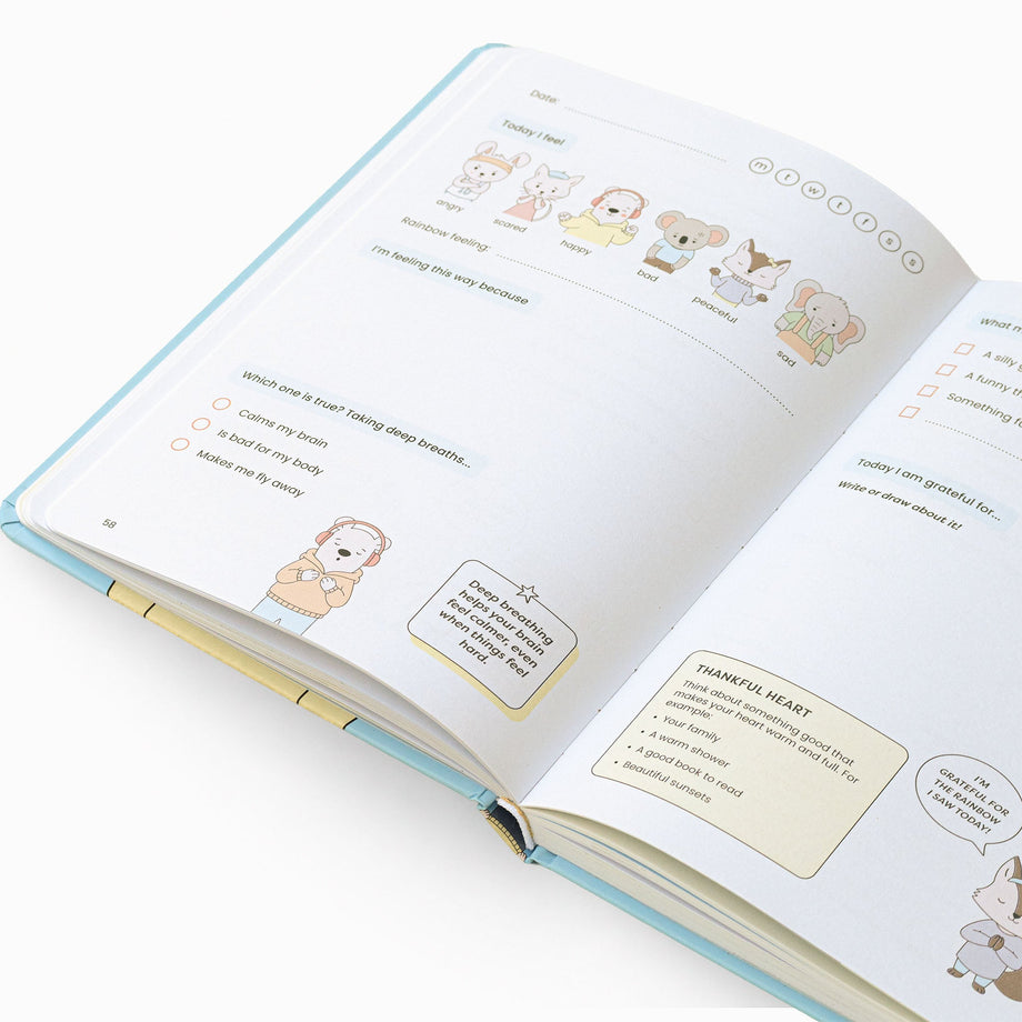 An open Koomi & Friends Journal showing the daily feelings check-in